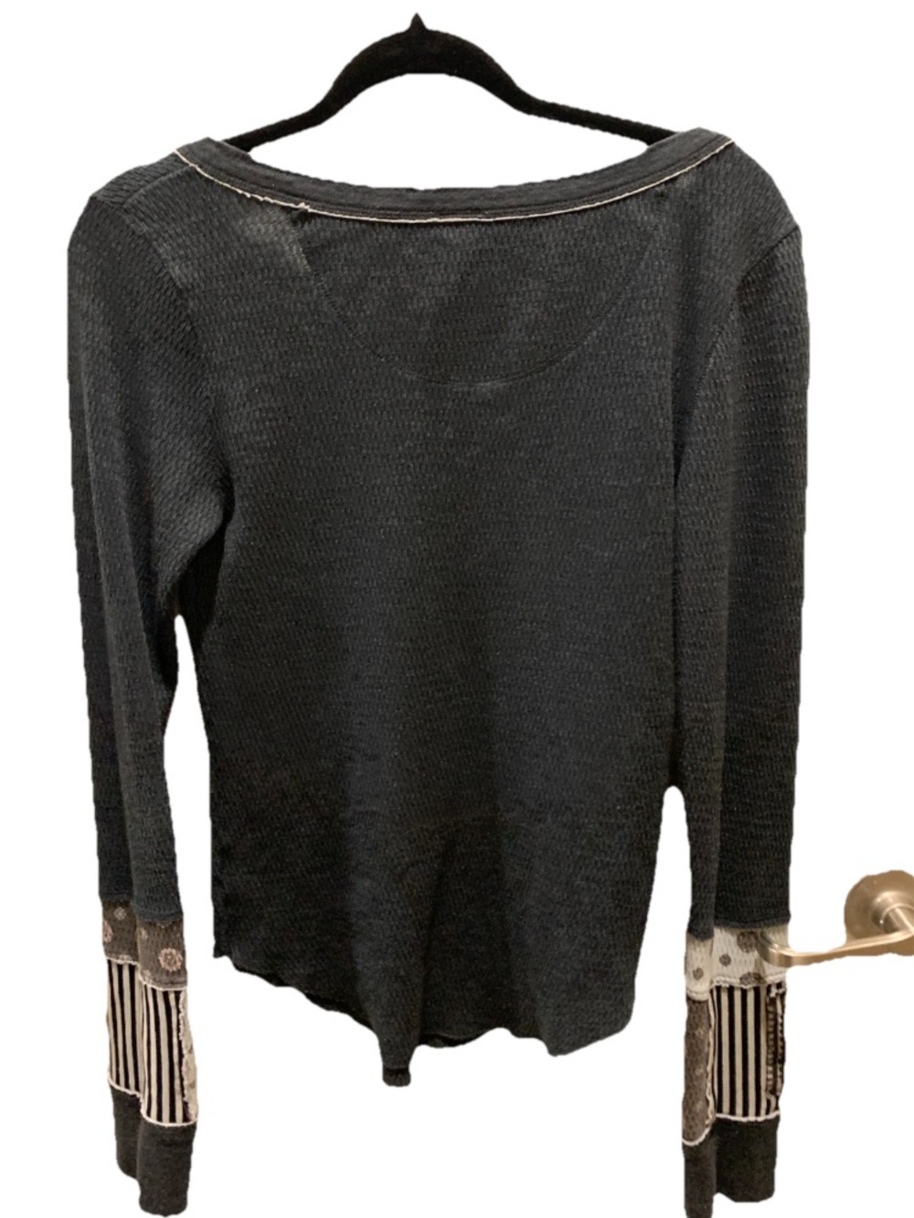 We The Free Dark Charcoal Henley with Patterned Cuff Panels - Picture 2 of 10